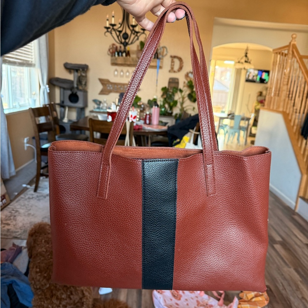 Vince Camuto Brown w Black Striped Vegan Leather Tote